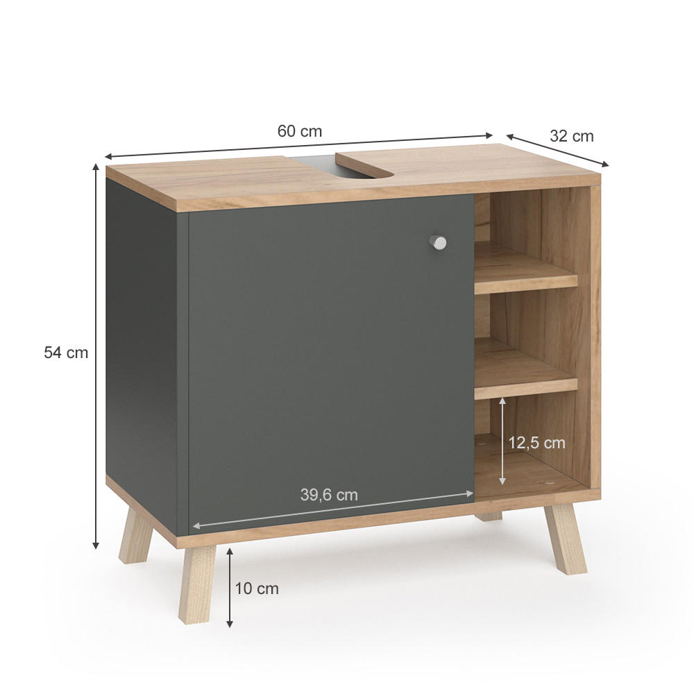Thumbnail - Vicco Waschbeckenunterschrank, Anthrazit, Anthrazit, Holzwerkstoff, 5 Fächer, Rechteckig, 60x54x32 cm, Badezimmer, Badez...