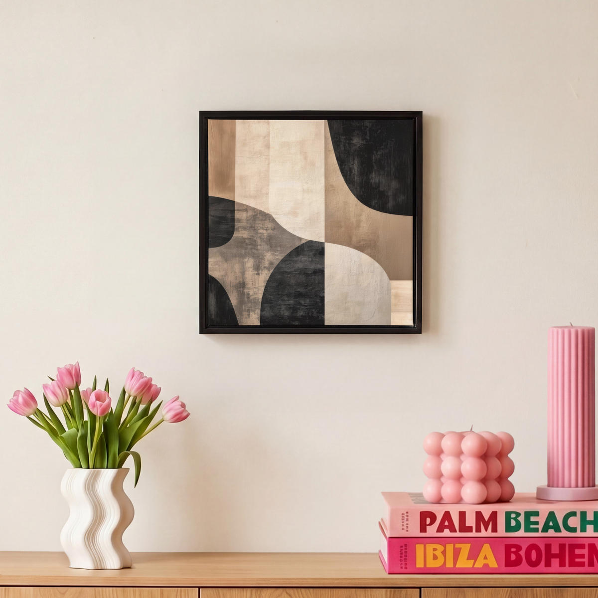 LEINWAND Bilder mit Rahmen - Abstrakt - Flugzeuge - Schwarz - Rund - 20x20 - Beige, Textil (20/20cm) - MuchoWow