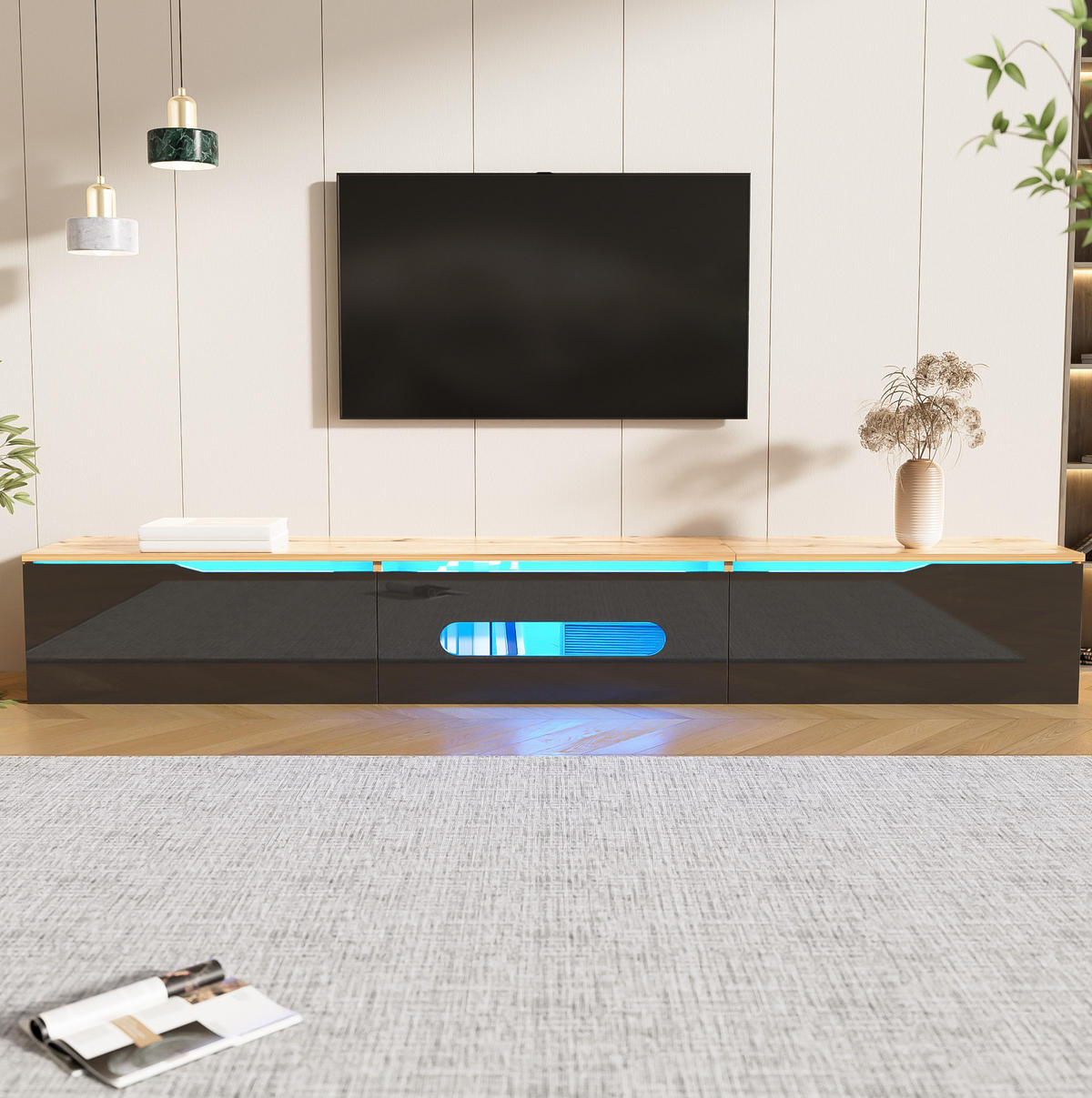 TV skříňka, 180/35/30 cm, MDF a dřevotříska, černá/dekor dřeva, LED - černá, kompozitní dřevo (180/30/35cm) - BEAOK