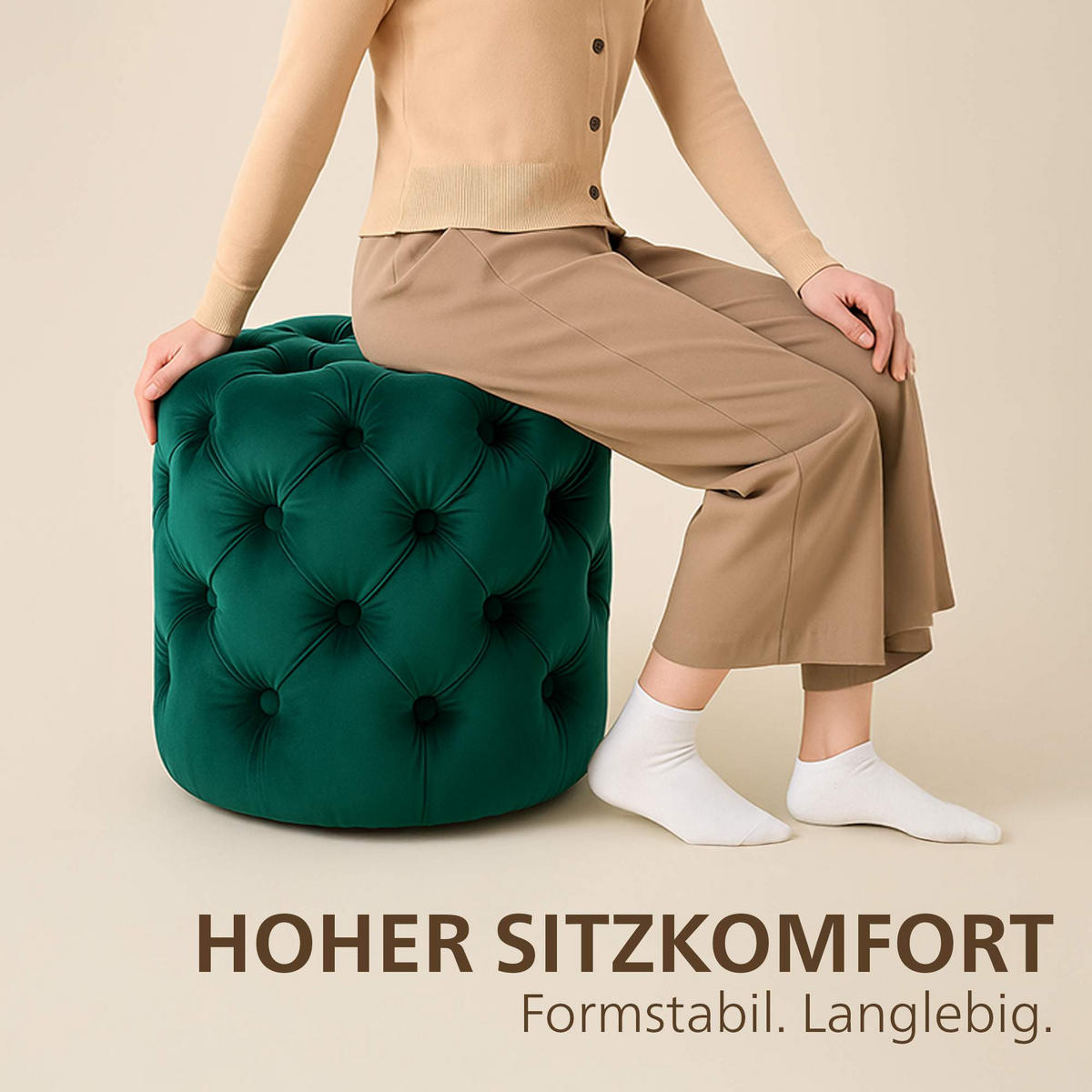 SITZPOUF rund Samt Dunkelgrün - Dunkelgrün/Eukalyptusholzfarben, Holz/Textil (42/46/42cm) - CLP