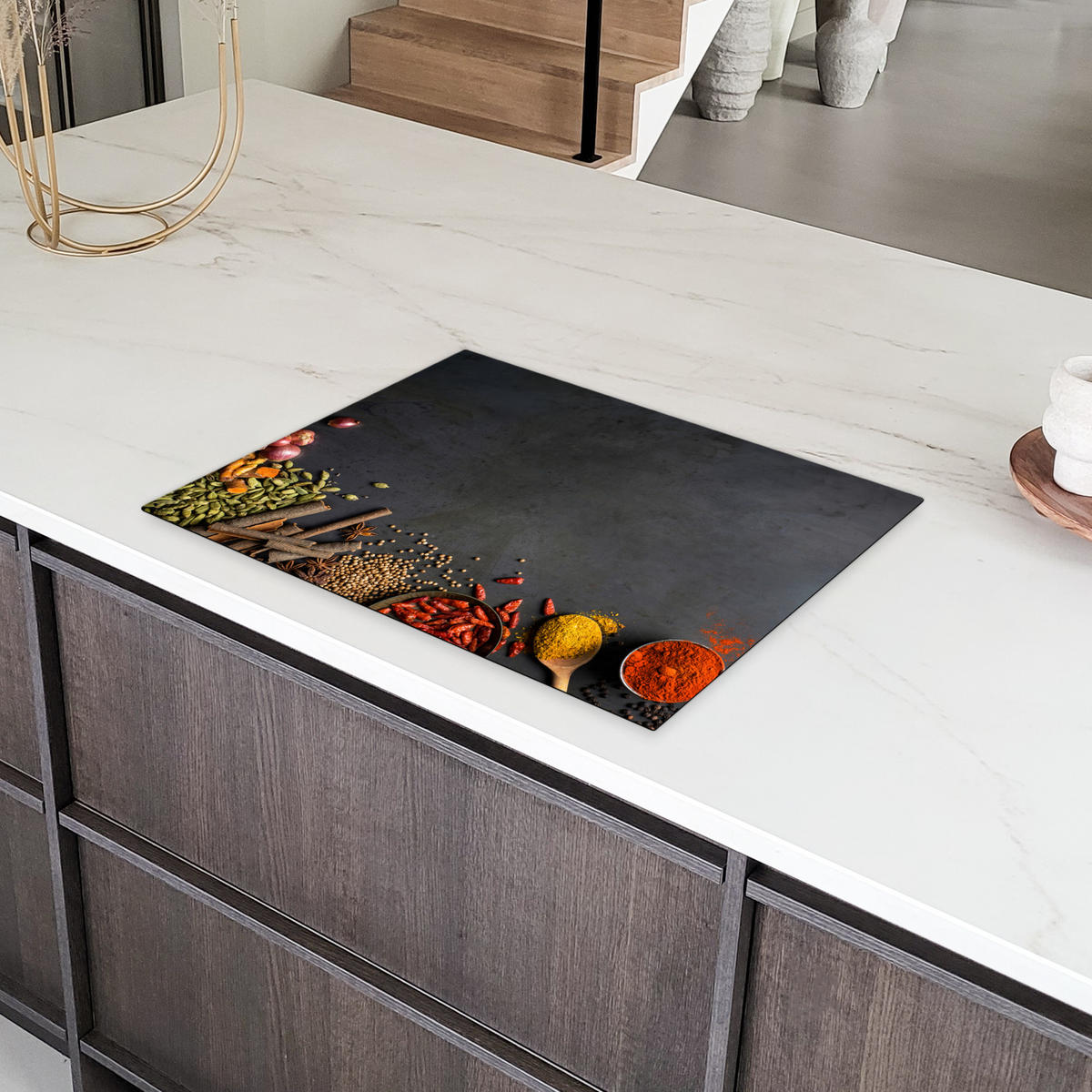 HERDABDECKPLATTE Kräuter - Lebensmittel - Gewürze - Schwarz - Paprika - Zimt Induktionsmatte 71x52 cm - Currygelb, Kunststoff (71/52/0.2cm) - MuchoWow
