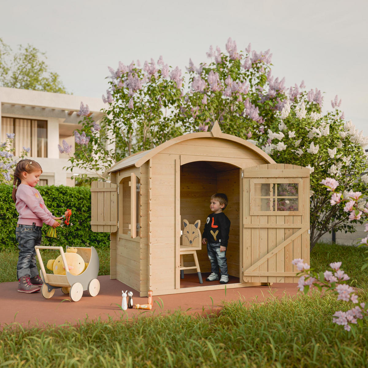 KINDERSPIELHAUS aus Holz - B112xL146xH145 cm/1,1m2 - M505-1 - Beige, Holz (146/145/112cm) - Timbela