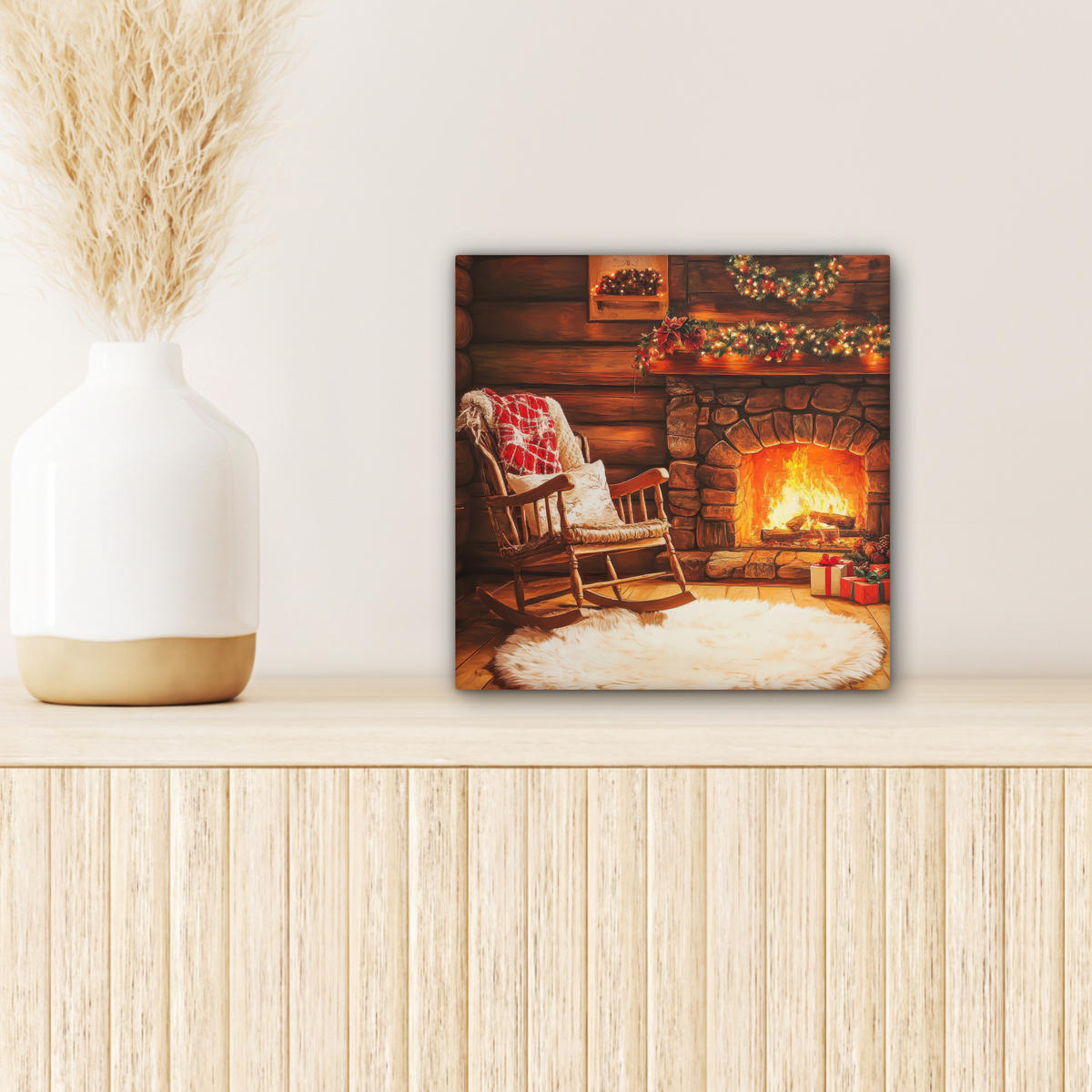 LEINWANDBILD Winter - Weihnachten - Zuhause - Kamin 20x20 cm - Bernsteinfarben, Textil (20/20cm) - MuchoWow