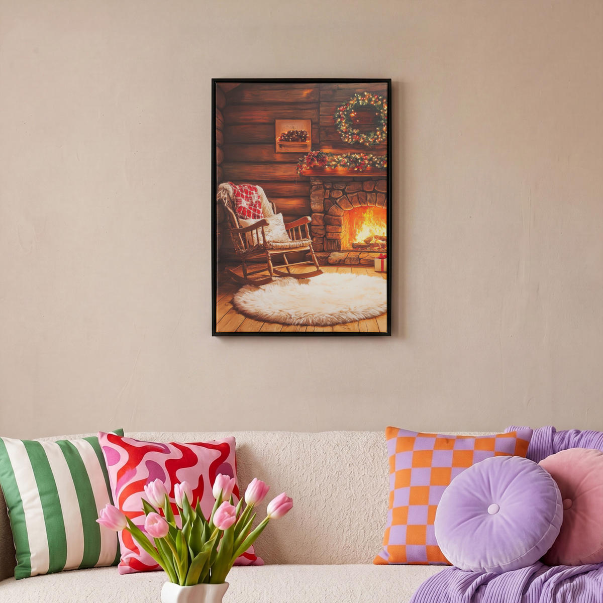 LEINWAND Bilder mit Rahmen - Winter - Weihnachten - Zuhause - Kamin - 40x60 - Bernsteinfarben, Textil (40/60cm) - MuchoWow