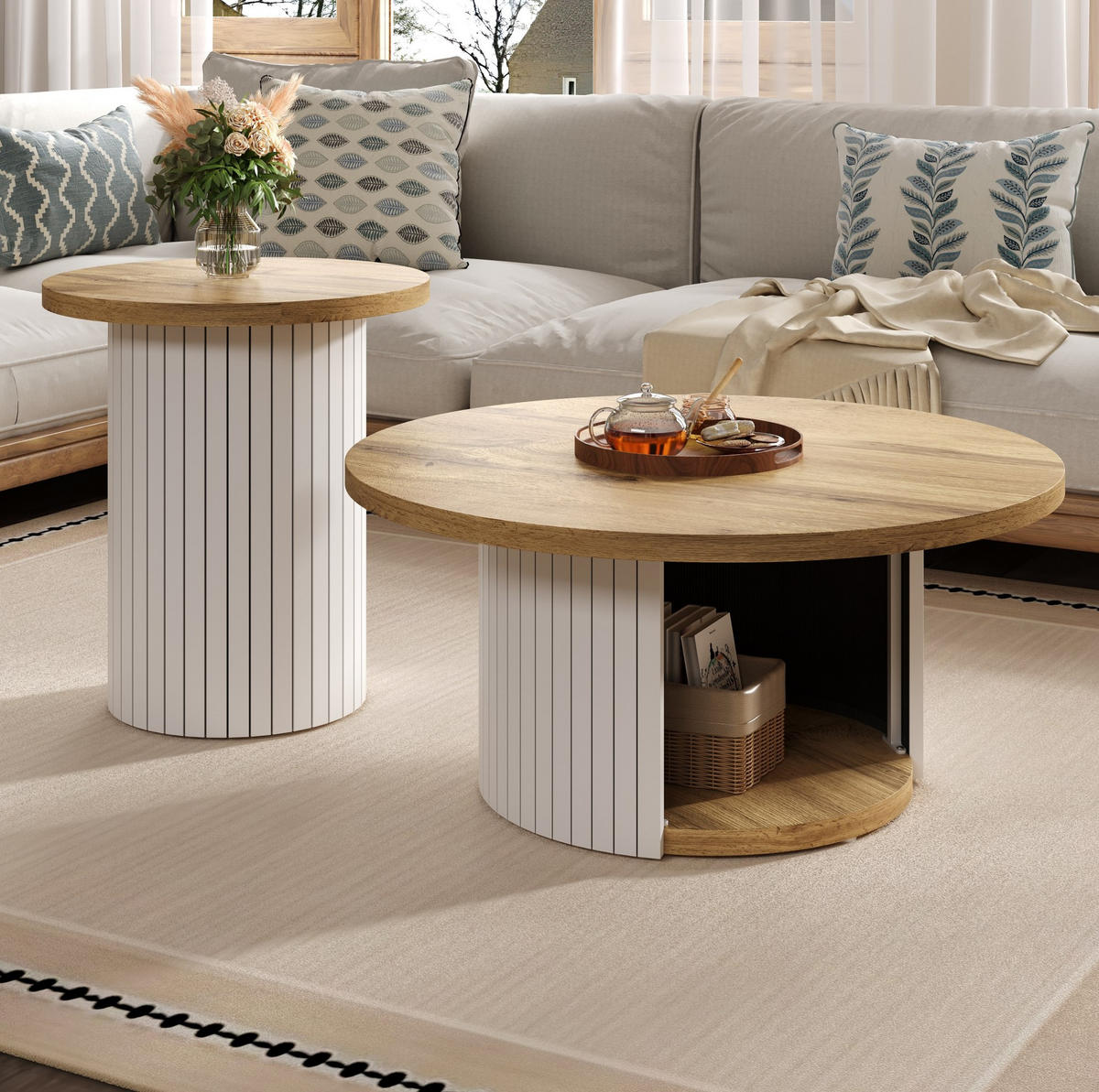 COUCHTISCH-SET 75/75/50 cm und 45/45/35 cm mit Stauraum, flexiblem Beistelltisch und MDF, Natur - Naturfarben, Holzwerkstoff (75/75/35cm) - Modfu
