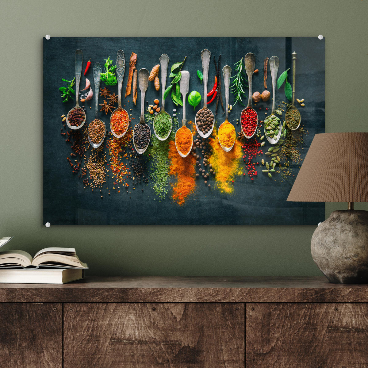ACRYLGLASBILD Kräuter - Gewürze - Löffel 60x40 cm - Currygelb, Glas (60/40cm) - MuchoWow