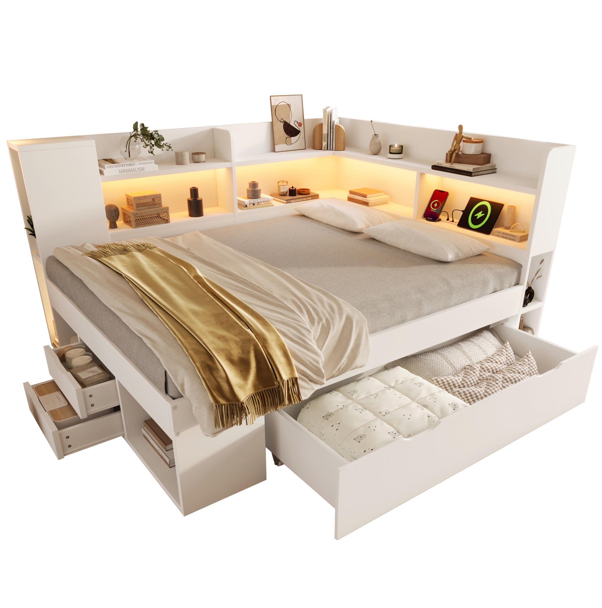 POLSTERBETT 140x200 cm in Weiß mit LED-Beleuchtung & USB-C - Weiß, Holzwerkstoff (140/200cm) - Modfu