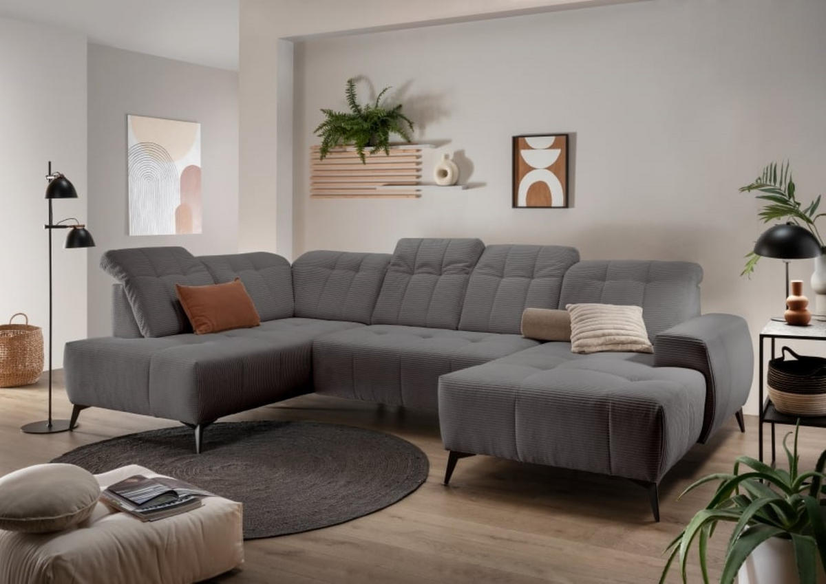 WOHNLANDSCHAFT mit elektrisch verstellbare Relaxfunktion, Cord-Stoff - Schwarz/Grau, Textil/Metall (337/104/200cm) - myHomelando