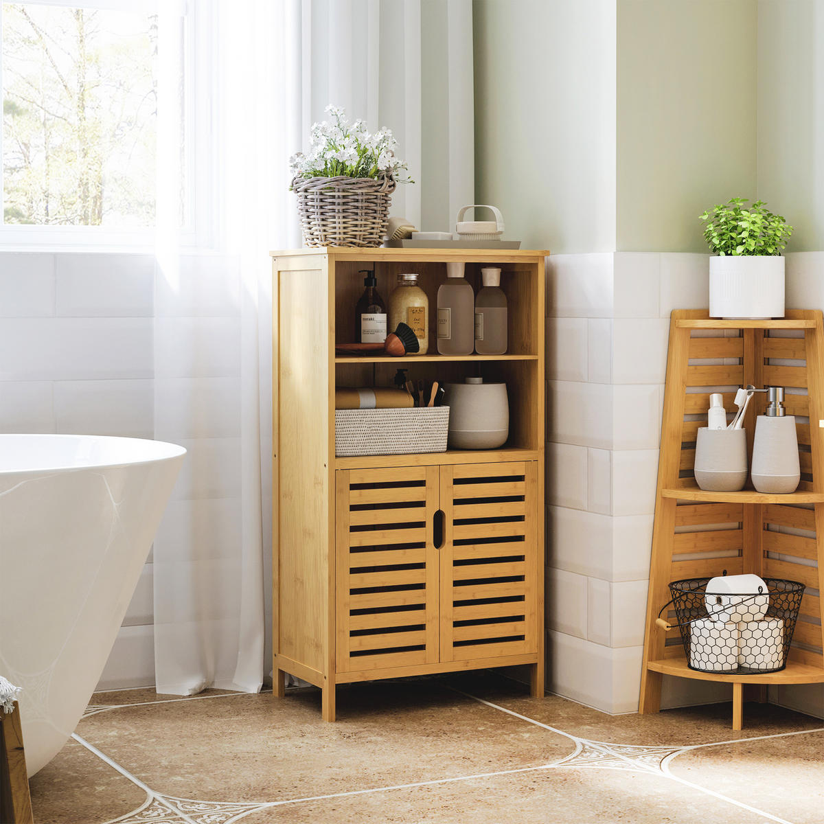 BADEZIMMERSCHRANK, Unterschrank aus Bambus, Badschrank mit Türen, Naturholz - Naturfarben, Holz (29/92/50cm) - Kleankin