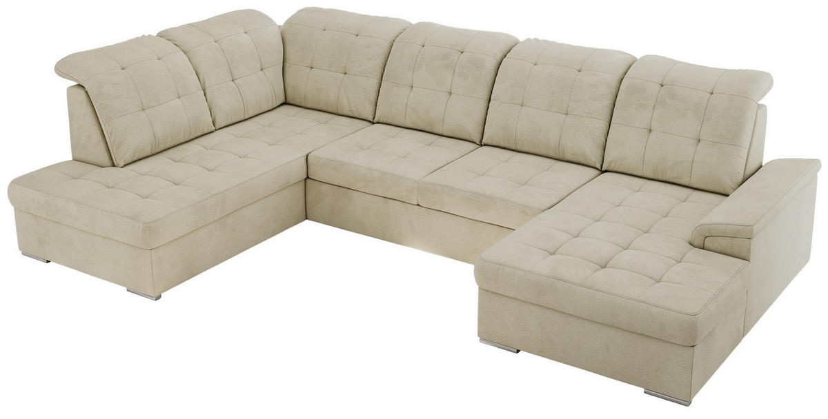 WOHNLANDSCHAFT MADRITO U - Beige Velorus - Links - Beige/Silberfarben, Textil/Metall (204/89/323cm) - MKS