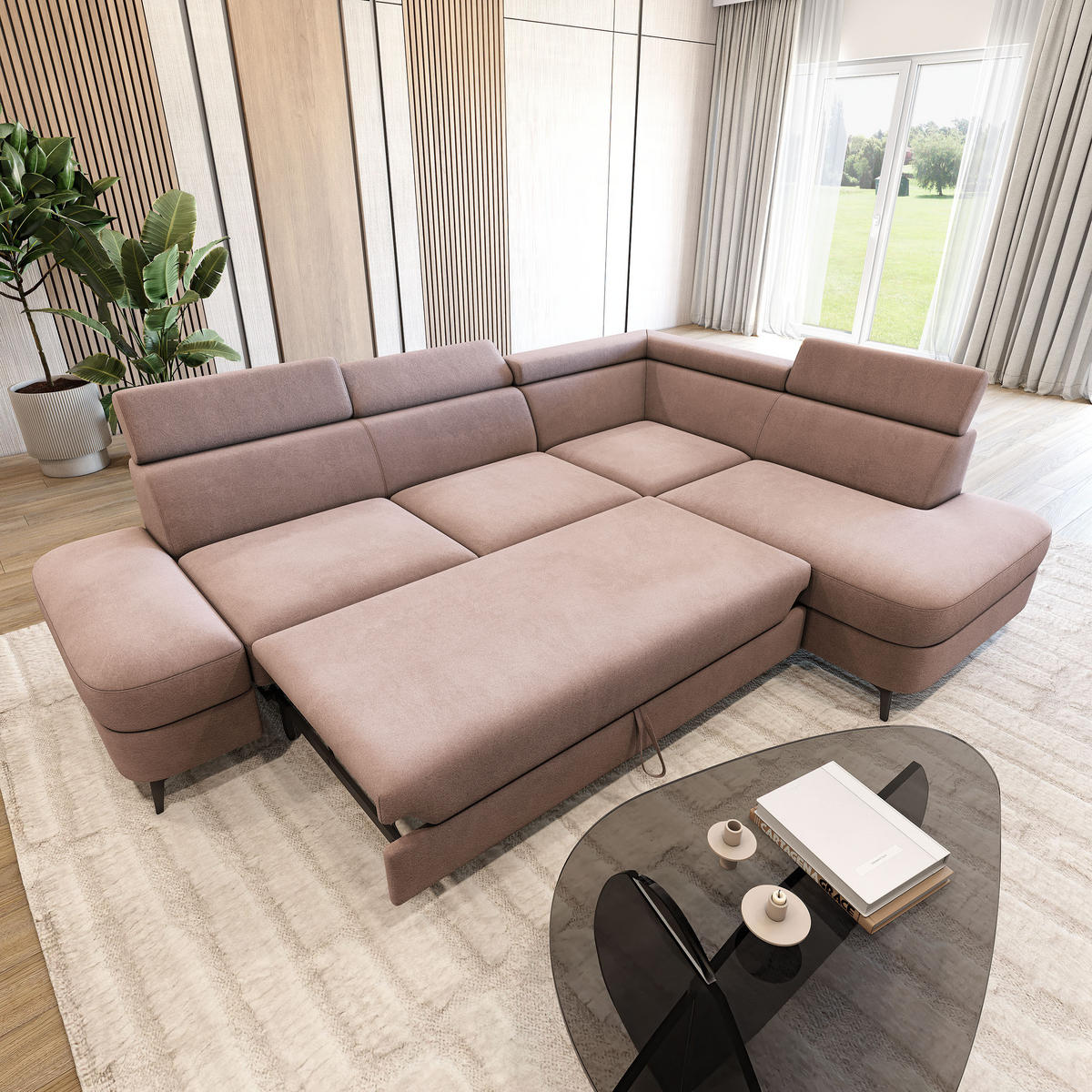 ECKSOFA AVISE MV R-S Rosa Velours-Stoff mit Schlaffunktion - Rosa, Holzwerkstoff/Textil (268/195cm) - MASSENO