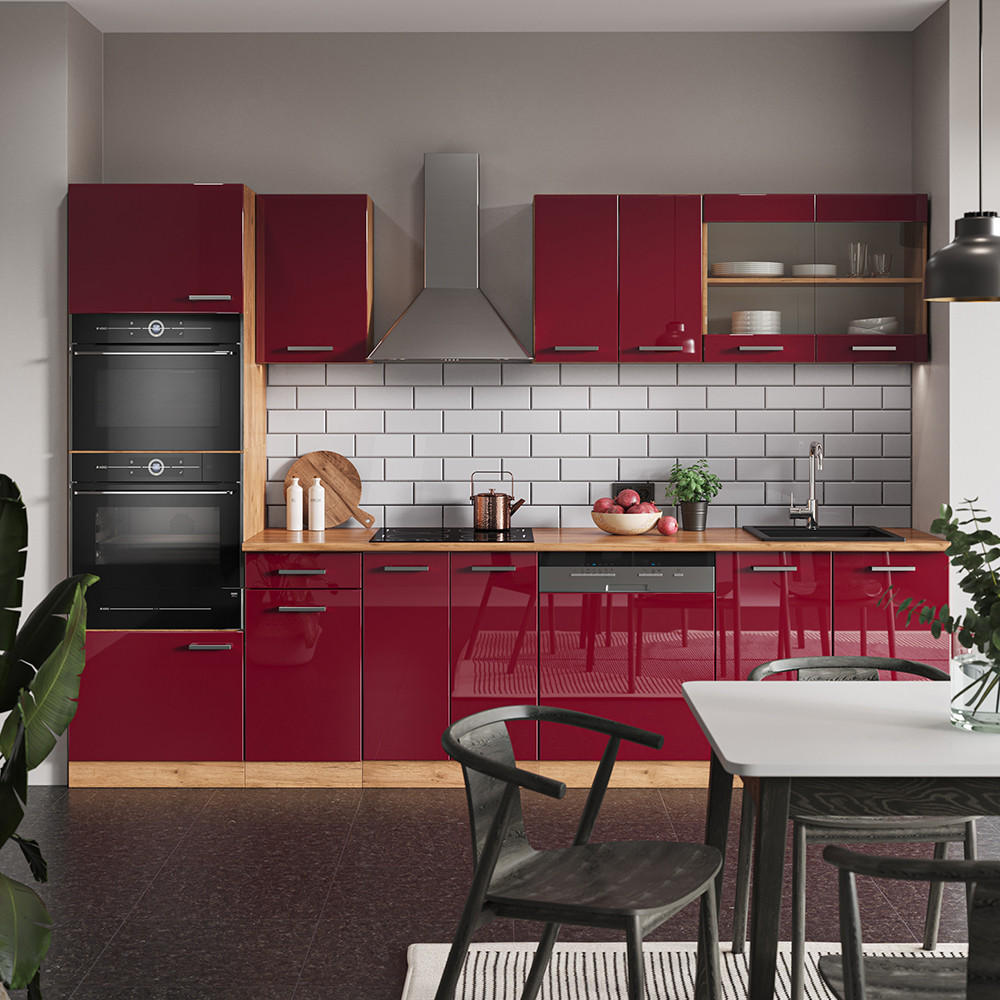 KÜCHENZEILE R-Line Rot Hochglanz/Goldkraft Eiche 300 cm mit Hochschrank, ohne Arbeitsplatte - Honigeiche/Rot, Holzwerkstoff (300/81.6/46cm) - Vicco