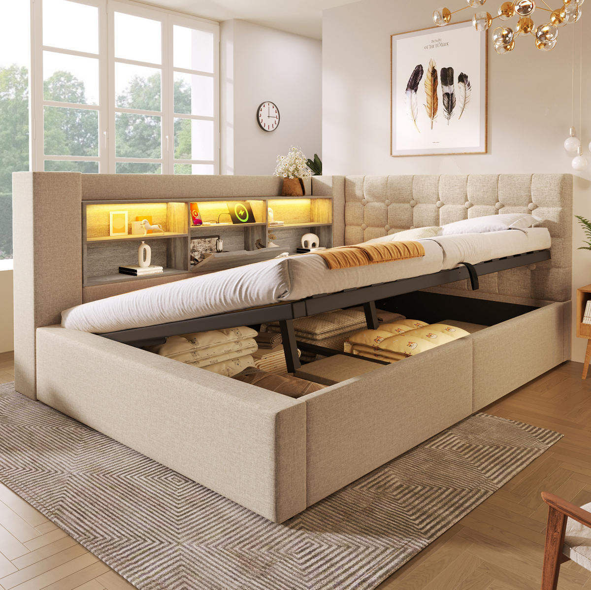 POLSTERBETT mit Stauraum 140x200 cm Leinen Beige inkl. Matratze - Beige, Metall (140/200cm) - Meubliv