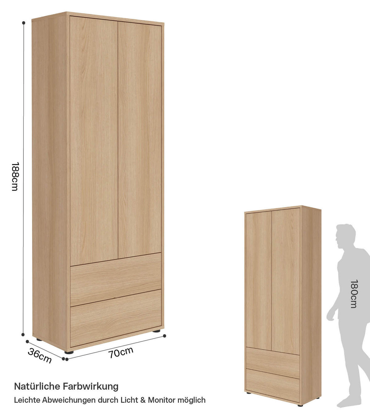 HOCHSCHRANK Der Aufrechte - Braun, Holzwerkstoff (70/188/36cm) - Mokebo
