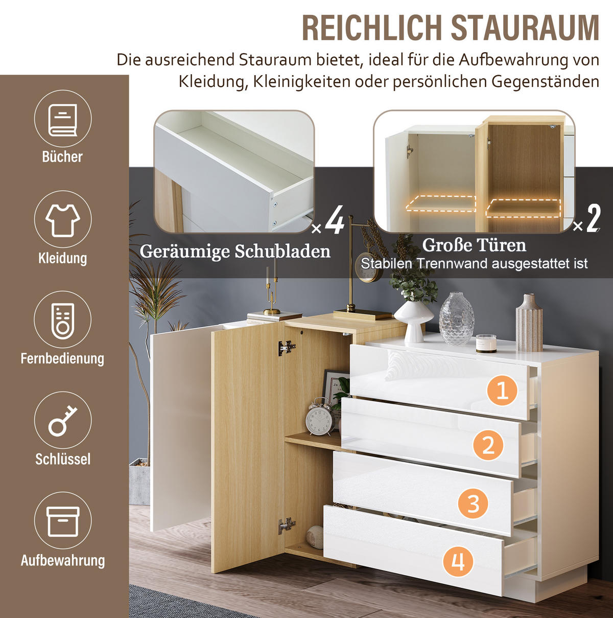SIDEBOARD 140/35/76,5 cm in Weiß Hochglanz mit 4 Schubladen und 2 Türen - Weiß, Holzwerkstoff (140/76.5/35cm) - Flora Grace