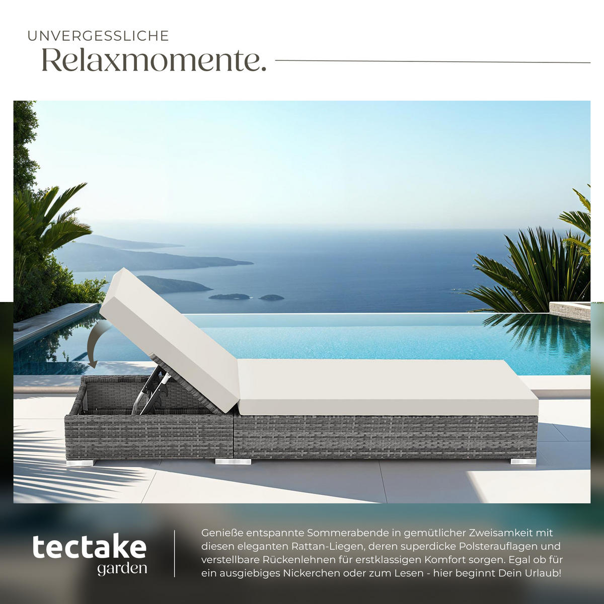 RATTAN-SONNENLIEGEN 2er Set ,wetterfest und UV-beständig,grau - Grau, Kunststoff (60/21/184cm) - tectake