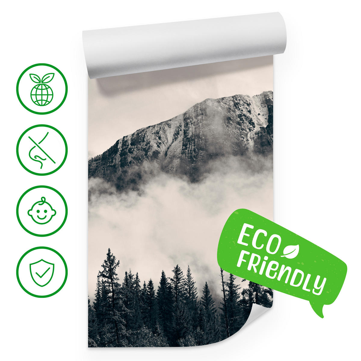 FOTOTAPETE für Wohnzimmer Nadelwald im Nebel im Hintergrund Berge 200x140 - Beige/Schwarz, Papier (200/140cm) - Muralo