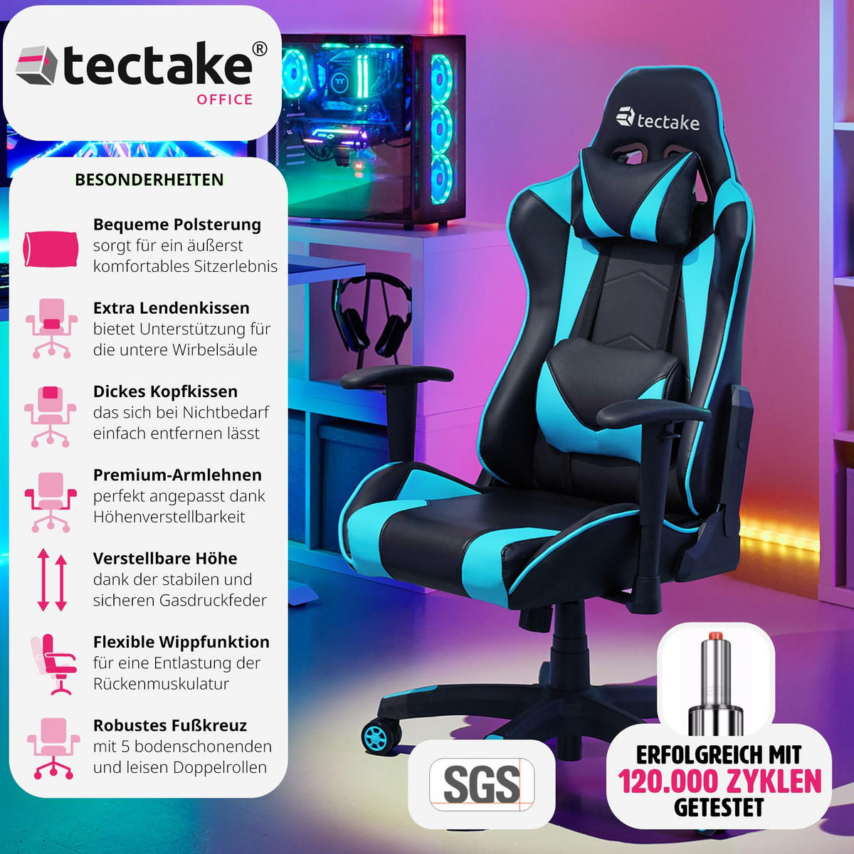 RACING-GAMINGSTUHL Twink,Belastbarkeit 120 kg,schwarz/azur - Schwarz/Hellblau, Textil (68/125/69cm) - tectake
