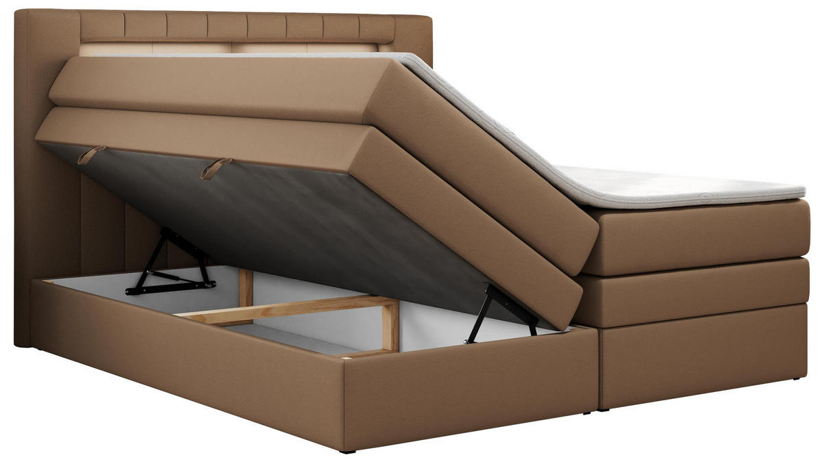 BOXSPRINGBETT GOLD-5 KING LED 200/200 Braun Kunstleder - H3 - Braun, Holz/Textil (200/200cm) - MKS
