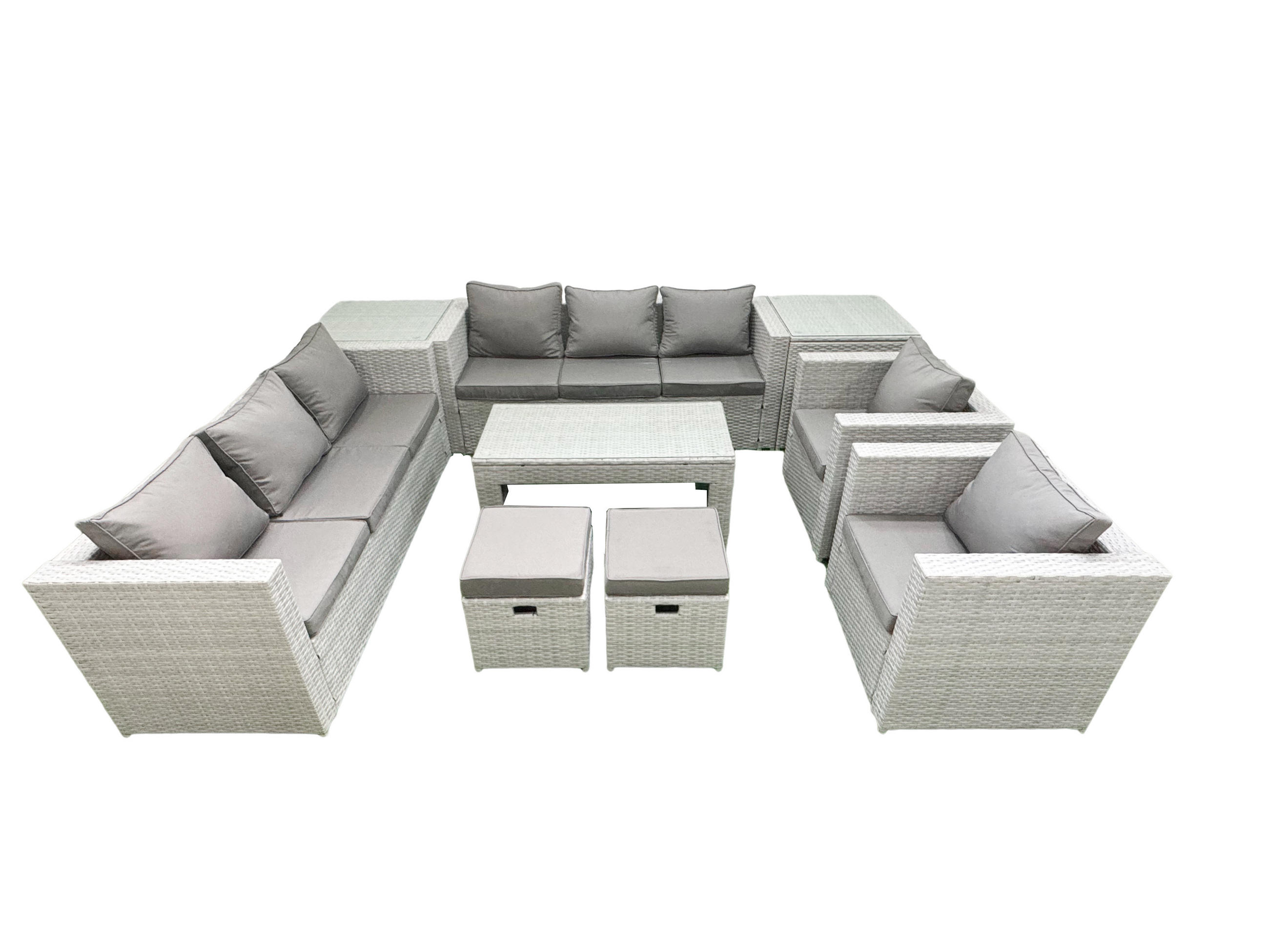 GARTENSOFA hohe Rückenlehne Polyrattan Hellgrau-Mix 10-Sitzer - Hellgrau/Grau, Glas/Kunststoff - Fimous