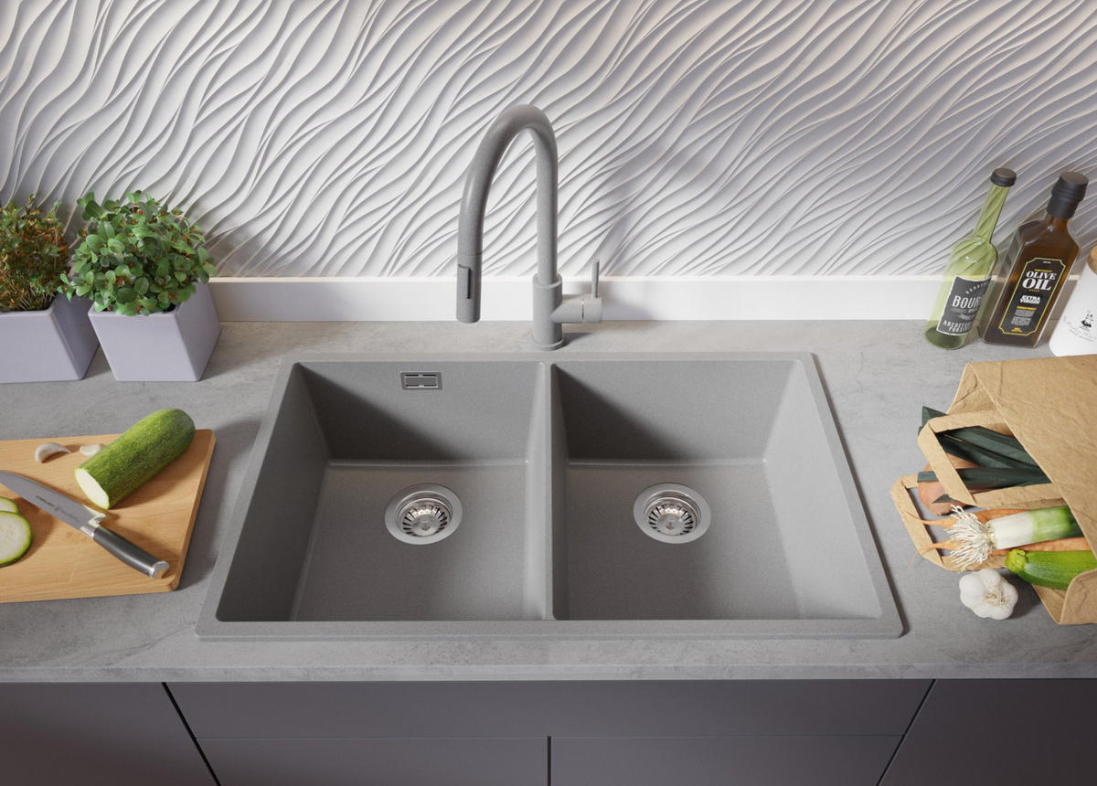 GRANITSPÜLE London Slim Twin, 2-er set Grau 76/47 cm 2 Becken + Küchenarmatur 40/20 cm + Ablauf-Set ab 80er Unterschrank - Chromfarben/Grau, Kunststoff (76/20/47cm) - Primagran