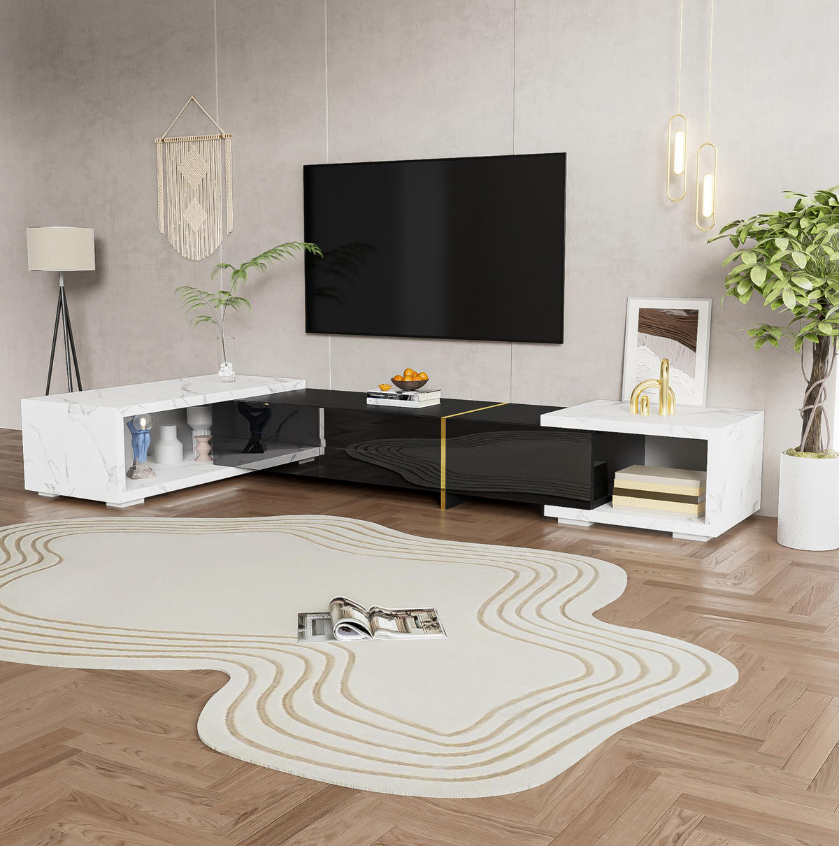 TV-SCHRANK drehbar 140-260 cm Marmoroptik Schwarz/Weiß - Schwarz, Holzwerkstoff (40/30/260cm) - Beauniv
