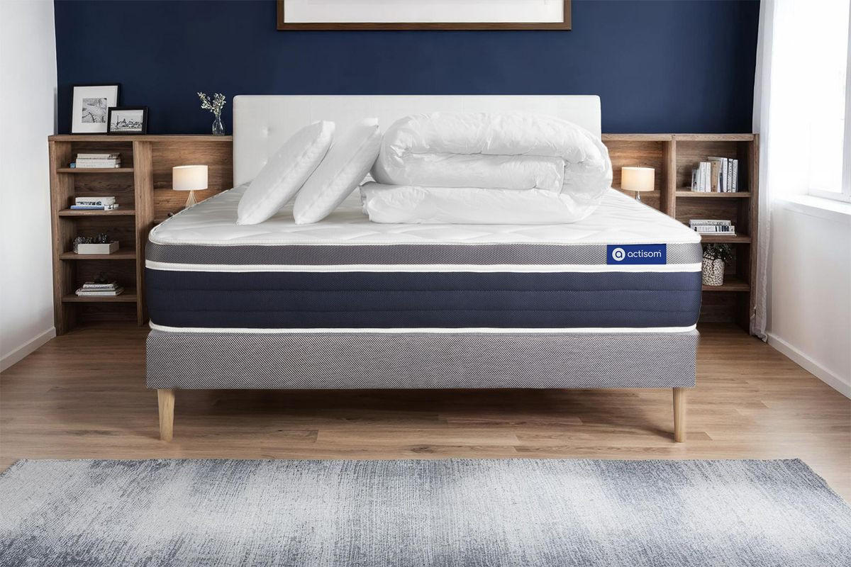 BETT Actiflex confort Taschenfederkern und Memory-Schaum 140 x 190 cm h2 - Kit Bettgestell Grau - Mit Kissen und Bettdecke - Beige/Grau, Karton/Holz (140/190cm) - ACTISOM
