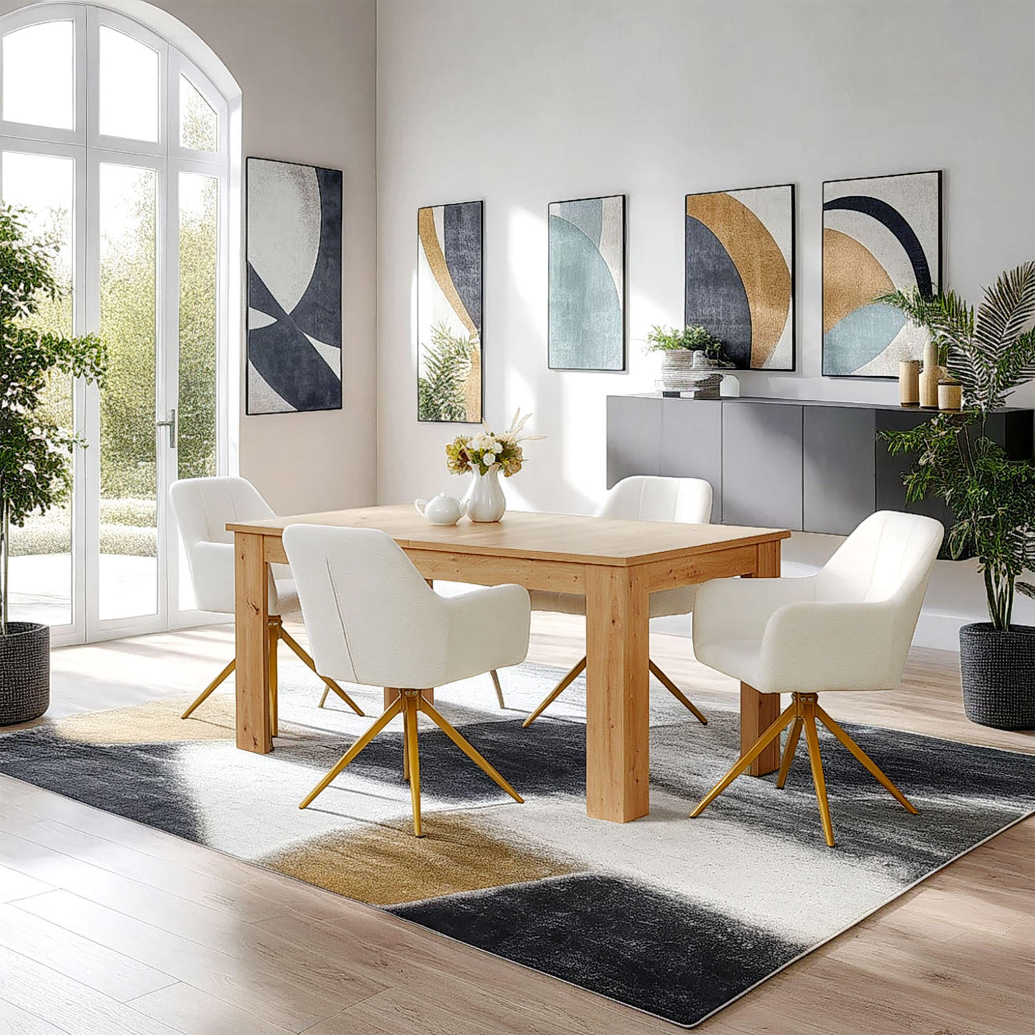 TISCHGRUPPE 160-200/90 cm natur mit 4 Stühle drehbar Bouclé Creme - Schwarz/Naturfarben, Holz/Textil (90/86/160cm) - Homestyle4u