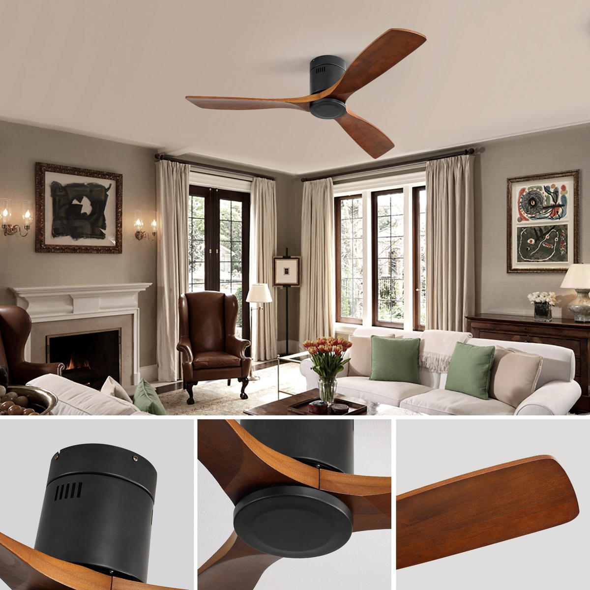 DECKENVENTILATOR DE-16345 52 Zoll Flachbau mit 3 Holzflügeln & reversibel - Schwarz, Holz/Metall (132/132/24.5cm) - ComfortXL
