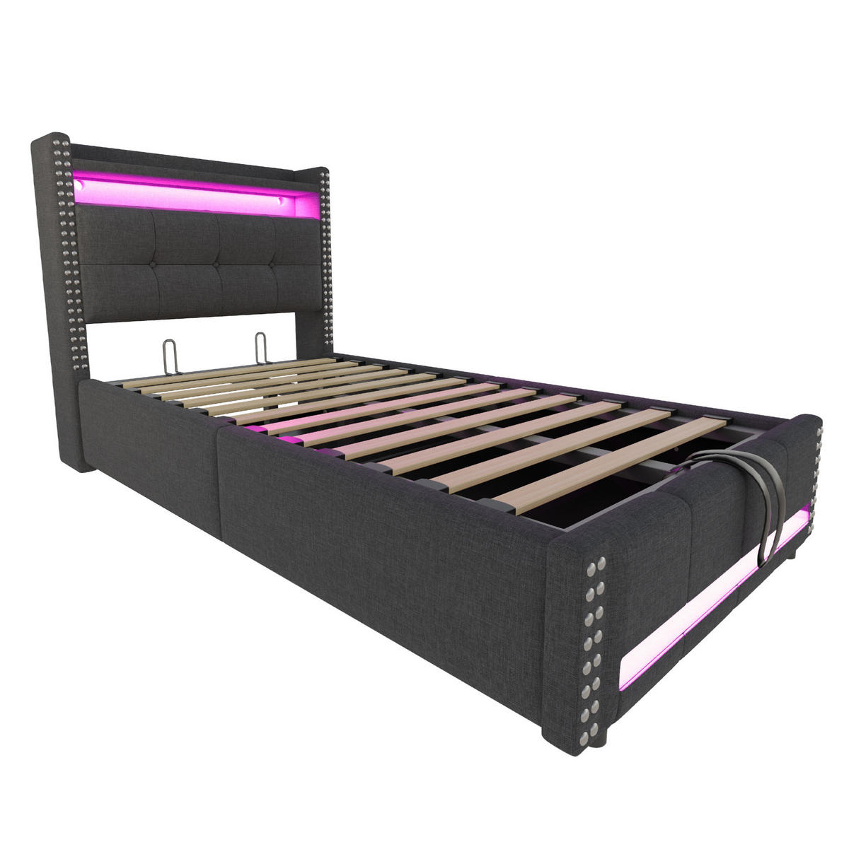 POLSTERBETT 90/200 cm mit LED-Beleuchtung und Bettkasten in Grau - Grau, Textil (90/200cm) - BEAOK