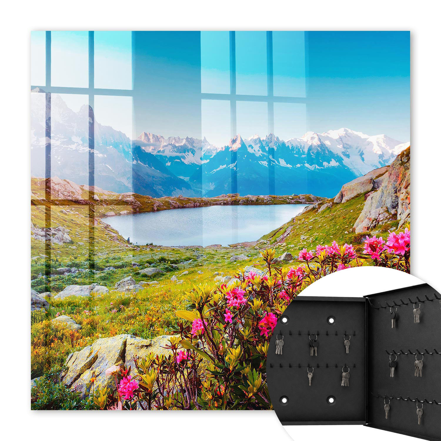 SCHLÜSSELBOX Schwarz 30x30 cm- Türöffnung nach rechts - Berglandschaft - Blau, Metall (30/30/5cm) - TULUP