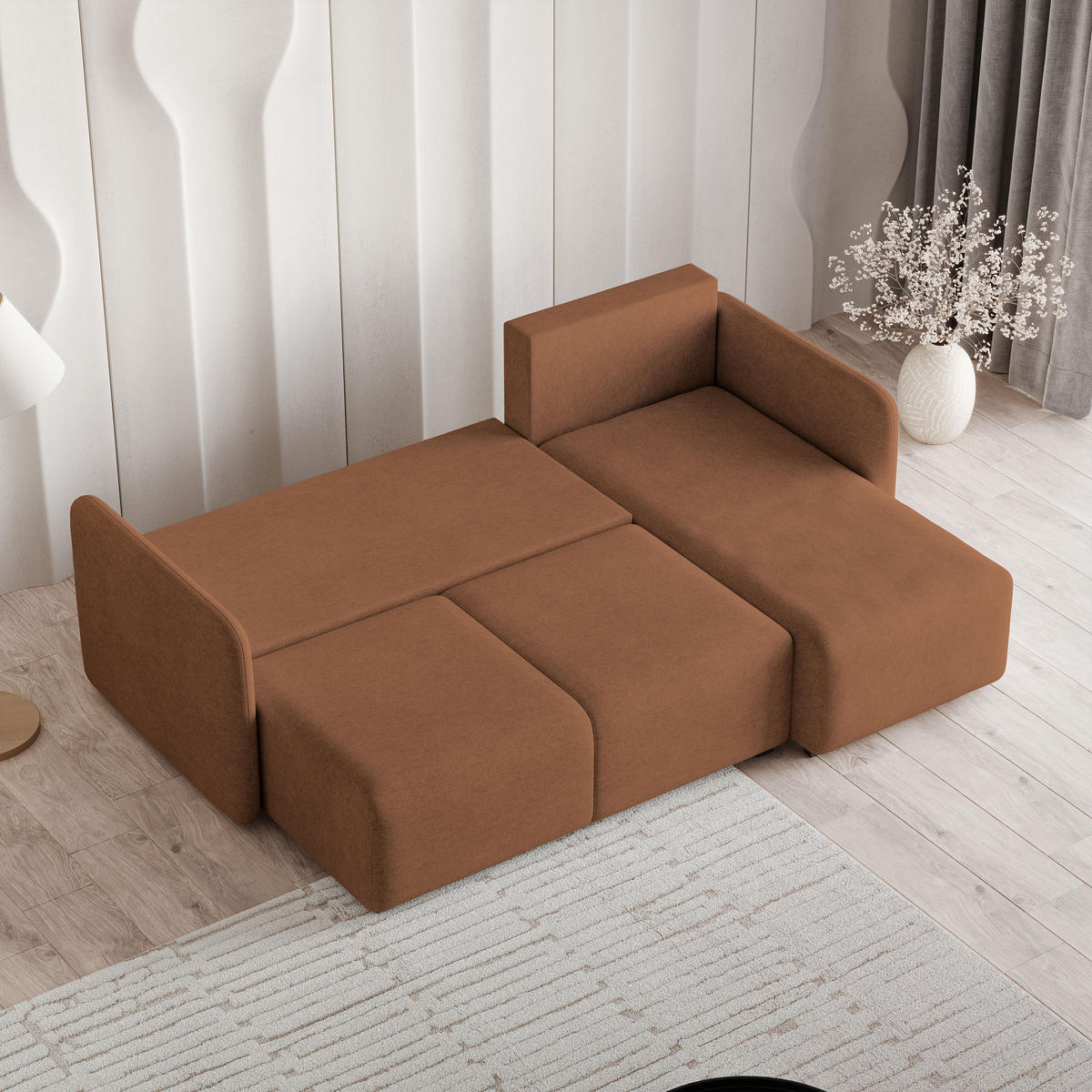 ECKSOFA SUVINO Kupferfarben Geflochtener Stoff mit Schlaffunktion - Kupferfarben, Holz (230/143cm) - MASSENO