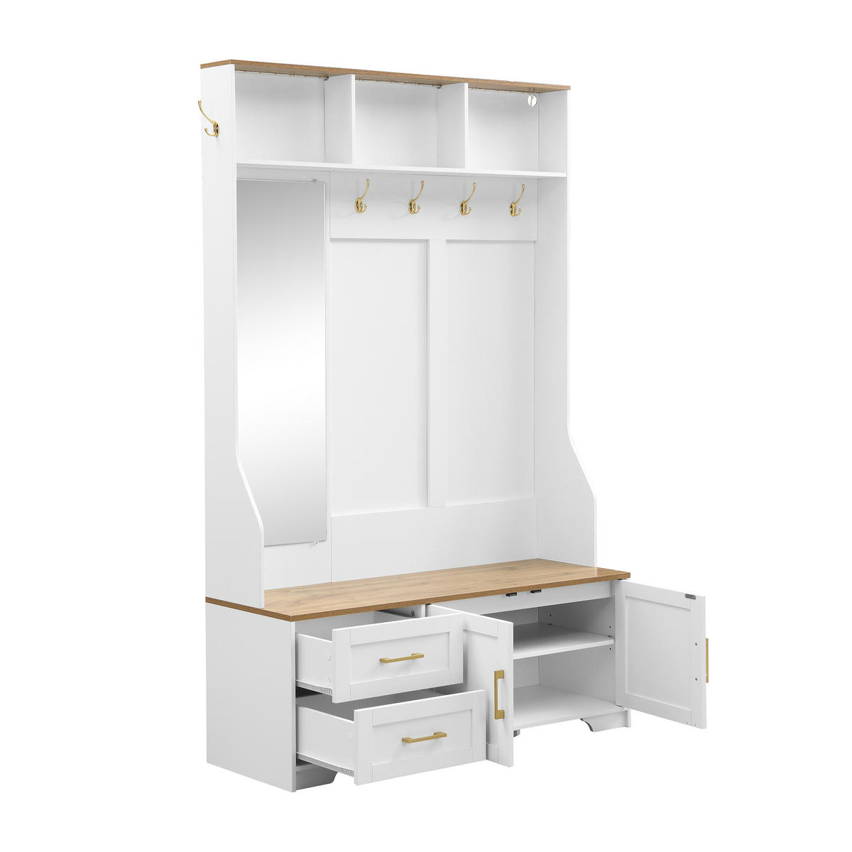 DIELENGARDEROBE 120/40/187 cm mit Spiegel, Sitzbank und LED in Weiß/Holzfarbe - Weiß, Holzwerkstoff (40/187/120cm) - BEAOK