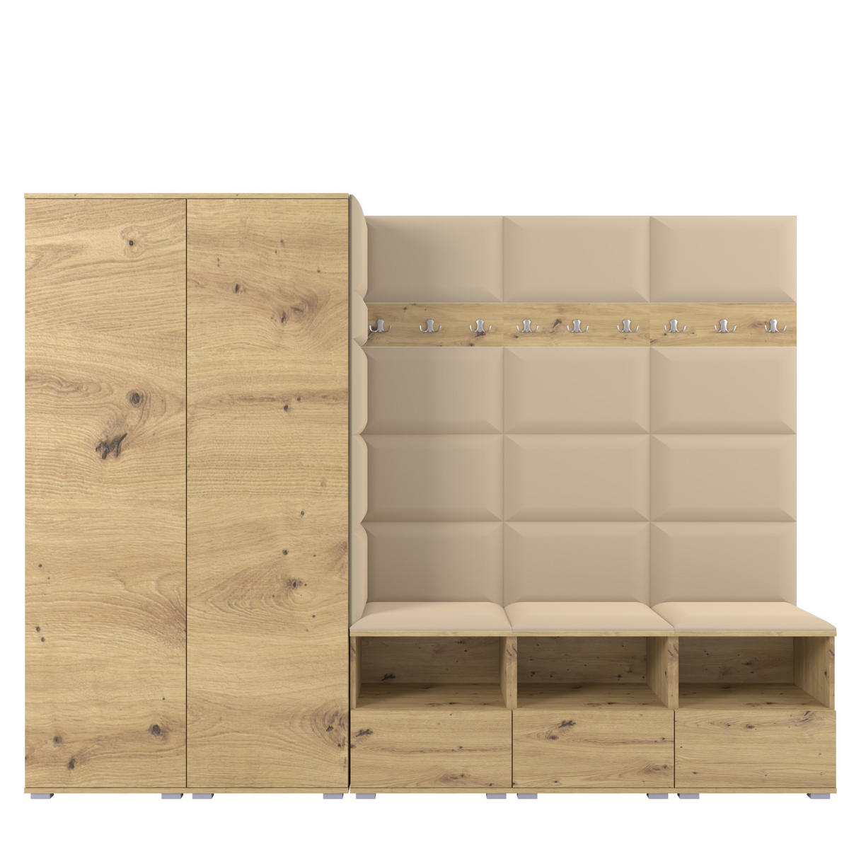 GARDEROBE NELA VII 250 cm (Modulare Flurmöbel XL Artisan Eiche mit Sitzpolster Beige 04 2 Schränke) - Beige/Silberfarben, Holz/Holzwerkstoff (250/187/40cm) - Ravio