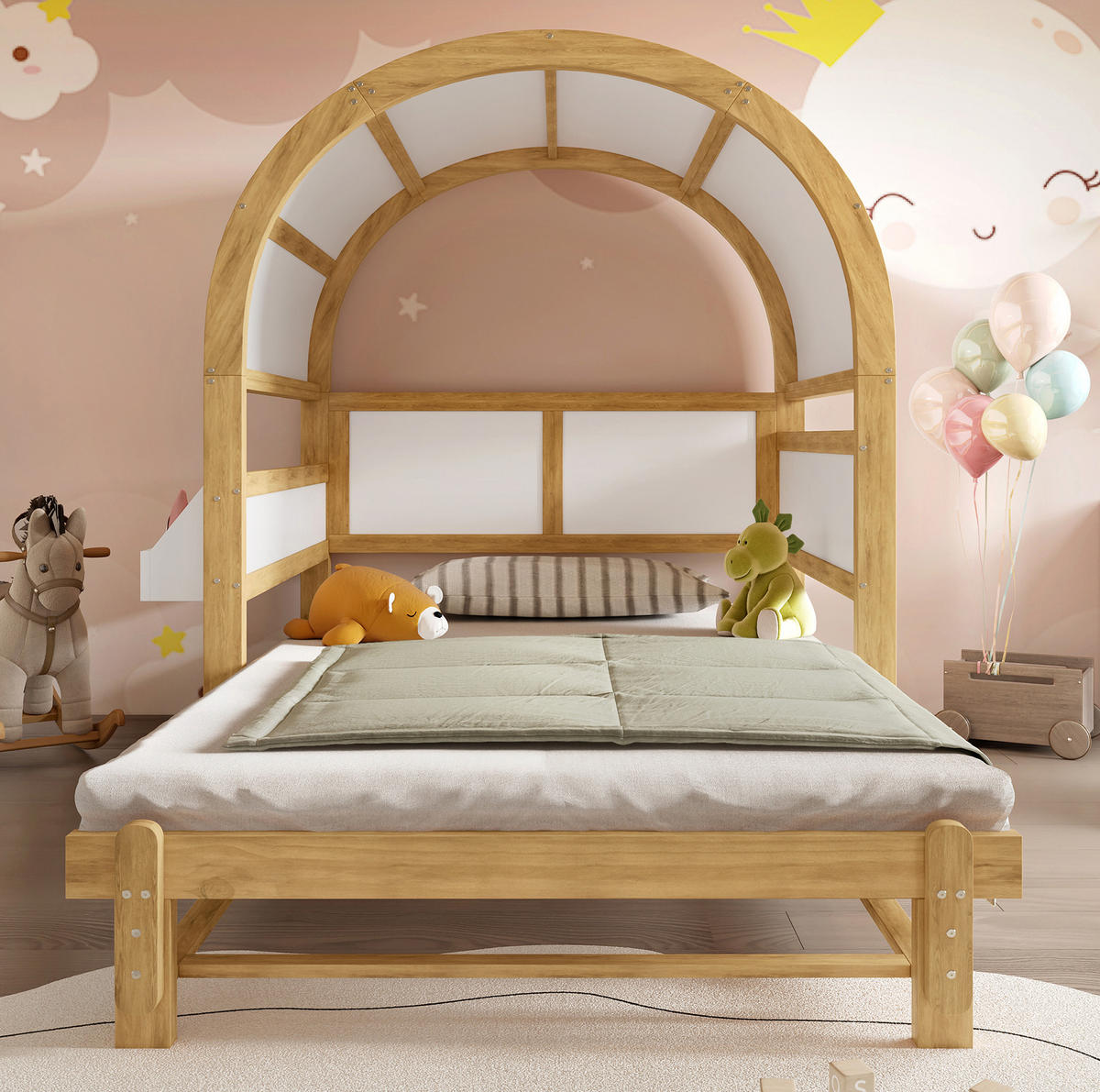 HAUSBETT 140/200 cm in Weiß/Natur mit Ausziehfunktion und seitlicher Ablage - Weiß, Holzwerkstoff (140/200cm) - Flora Grace