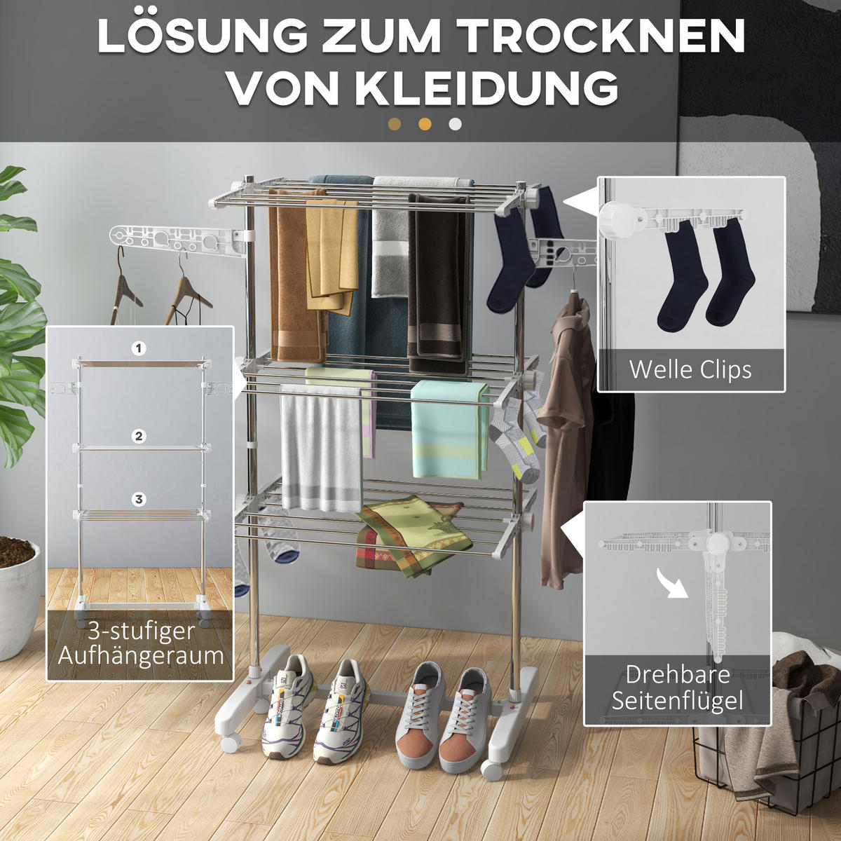 WÄSCHESTÄNDER Edelstahl ABS Weiß - Weiß, Metall (55/152/142cm) - HOMCOM