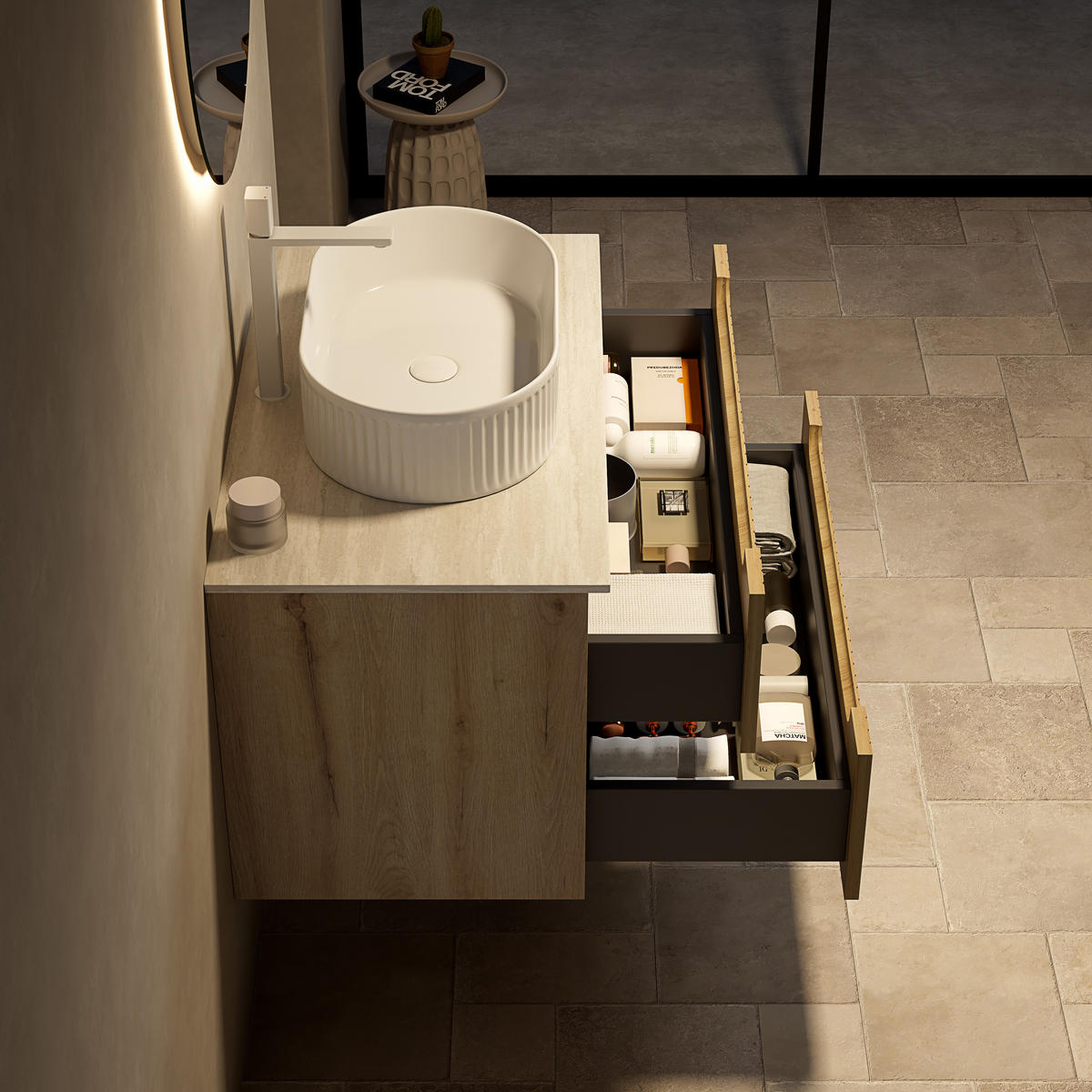 WASCHTISCHUNTERSCHRANK 80x46x62.2cm Weiß/Eiche mit ovalem Keramikbecken & 2 Schubladen - Eichefarben, Keramik (80/62.2/46cm) - Modfu