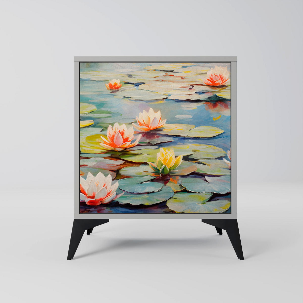 SIDEBOARD BLOOMING WATERS, Grau, 57,5x42x67,5 cm, Schwarze Metall-Rahmenfüße - Multicolor/Schwarz, Holzwerkstoff/Metall (57.5/67.5/42cm) - SpaceRebels