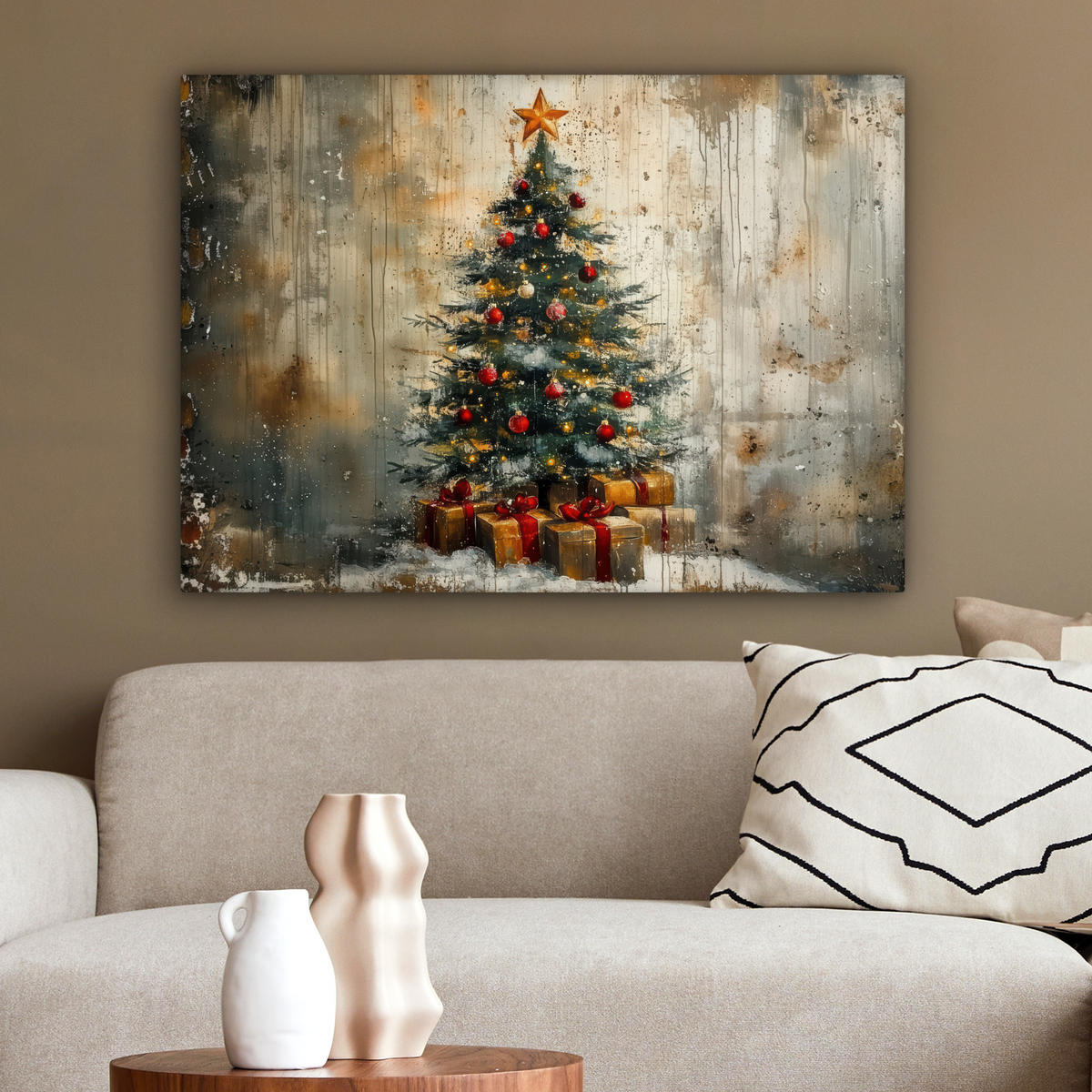 LEINWANDBILD Weihnachtsbaum - Vintage - Weihnachten - Geschenk Wandbilder 80x60 cm - Rostfarben, Textil (80/60cm) - MuchoWow