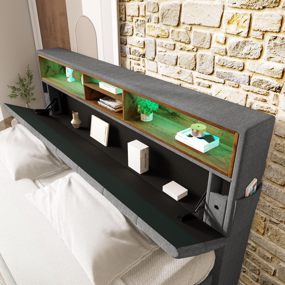 POLSTERBETT 140/200 cm mit Stauraum-Kopfteil & LED-Lichtband, Grau - Grau, Holz (140/200cm) - Redom