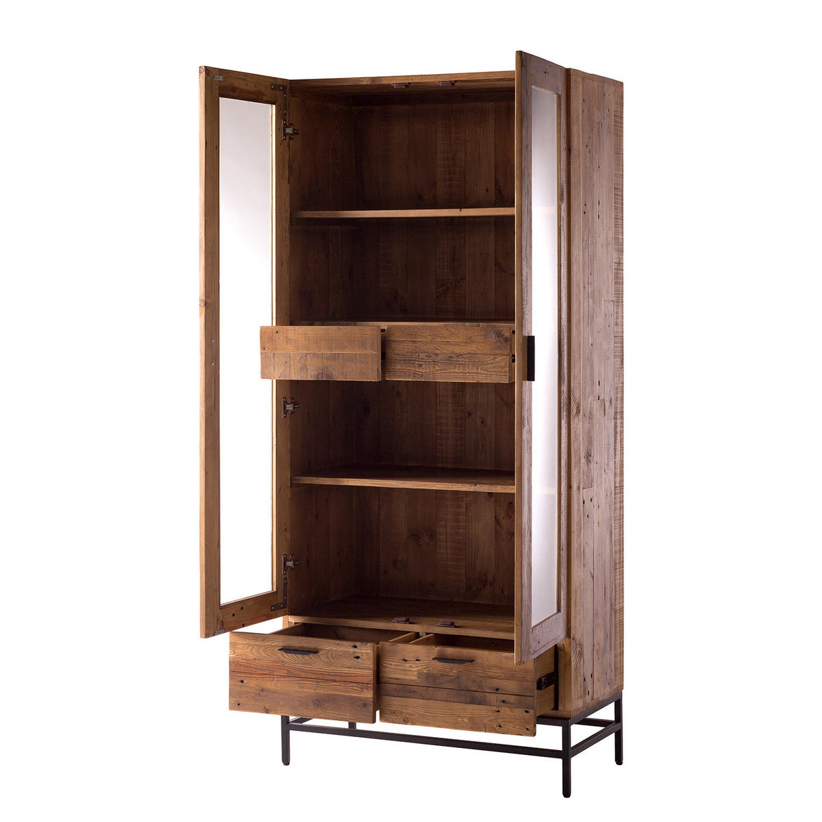 VITRINENSCHRANK - Pinie massiv / Metall - Schwarz/Pinienfarben, Holz (90/200/45cm) - home24