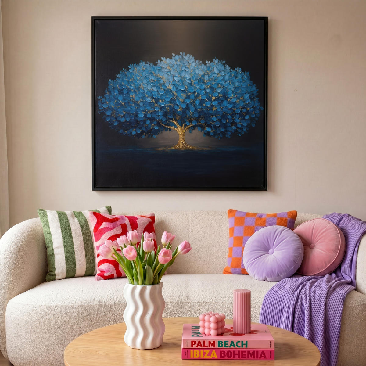 LEINWAND Bilder mit Rahmen - Baum - Blau - Blätter - Pinselstriche - 90x90 - Blau, Textil (90/90cm) - MuchoWow