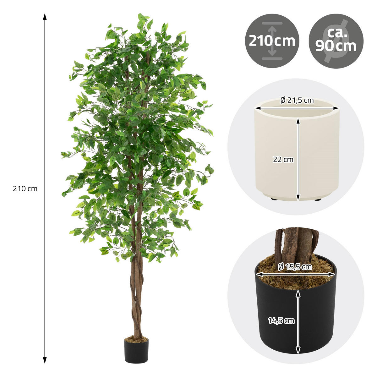 UMĚLÁ ROSTLINA Ficus 210 cm s kmenem z přírodního dřeva pro vnitřní i venkovní použití - černá/zelená barva, textil/plast (210cm) - ML-DESIGN