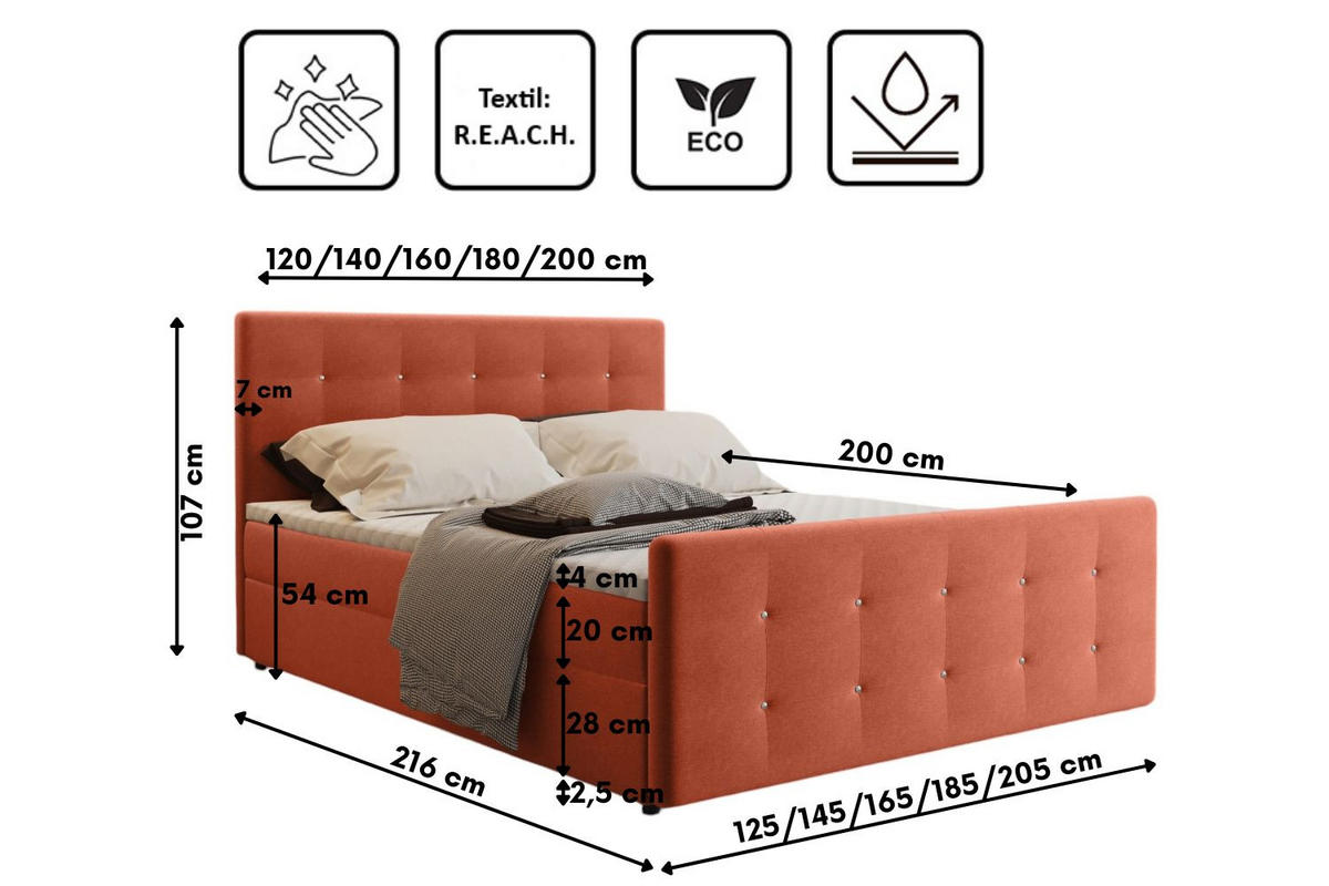 BOXBETT Mit Bettkasten Matratze Topper AMOR Orange 120x200 cm H2-Pocket - Schwarz/Orange, Holz/Holzwerkstoff (120/200cm) - Kaiser Möbel
