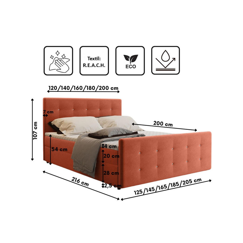 Thumbnail - Kaiser Möbel Boxbett, Orange, Textil, H3, Höhe ca. 20 cm, 120x200 cm, Oeko-Tex® Standard 100, Schlafzimmer, Betten, Boxs...