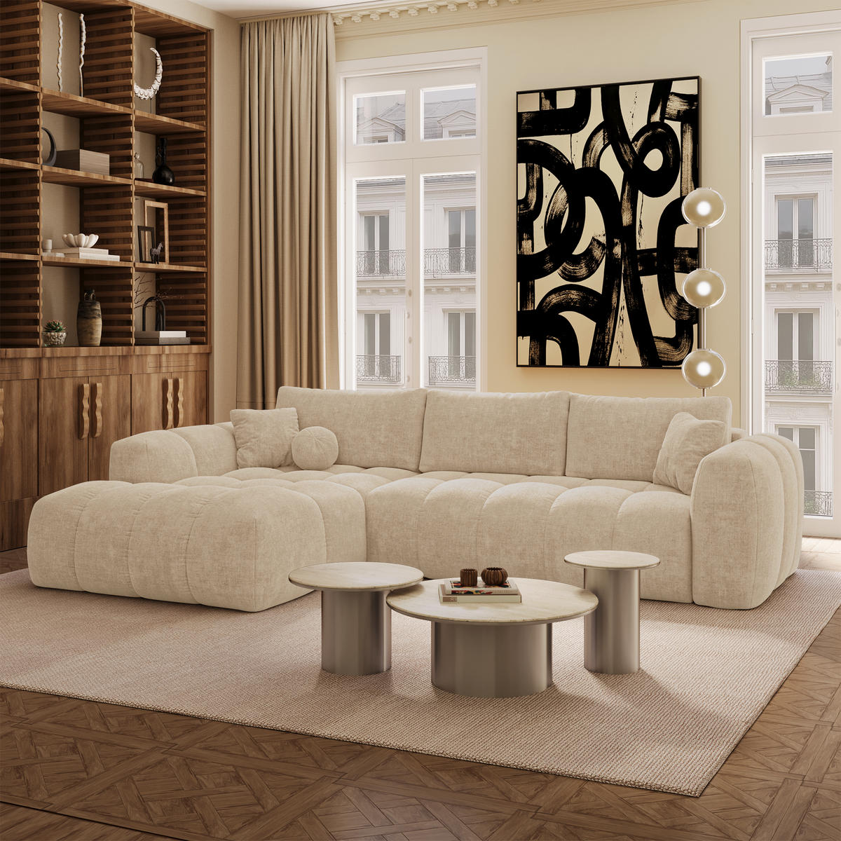 LINKSECK-SCHLAFSOFA mit Stauraum SKY Köpergewebe Beige 310cm - Beige, Textil (310/180cm) - Premium Interiors