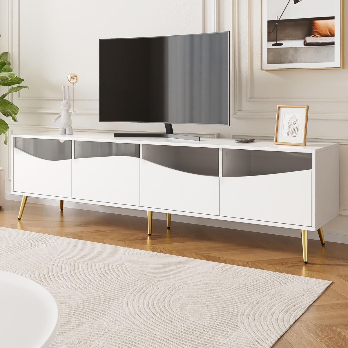 TV-SCHRANK 180/40/50 cm weiß MDF mit LED-Beleuchtung, Glasfront und goldenen Metallfüßen - Weiß, Holzwerkstoff (180/50/40cm) - OKWISH