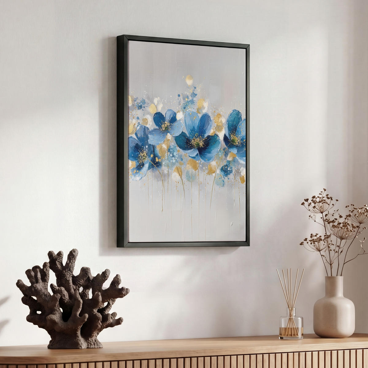 LEINWAND Bilder mit Rahmen - Blumen - Blau - Abstrakt - 30x40 - Hellgrau, Textil (30/40cm) - MuchoWow