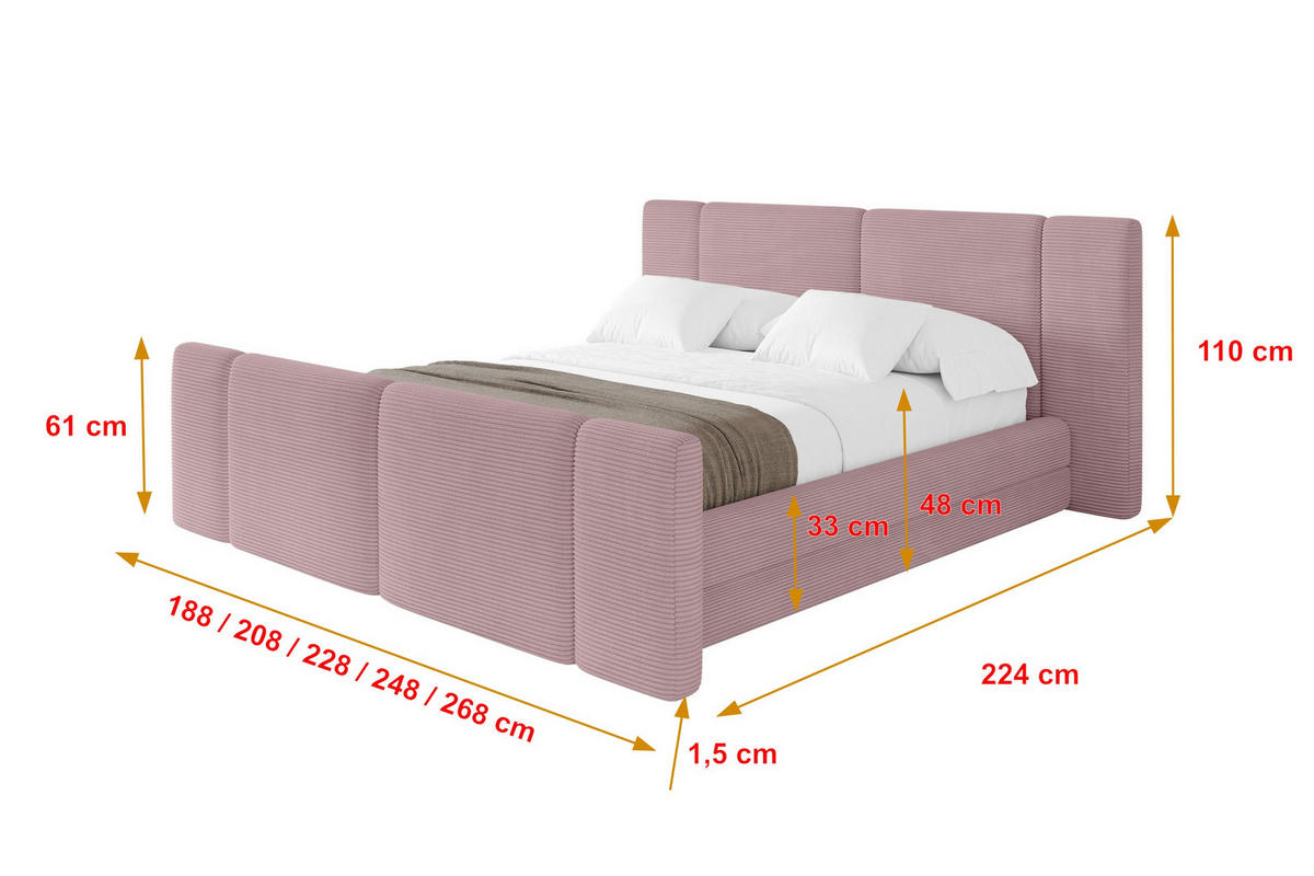 POLSTERBETT mit Bettkasten, Fußteil und Lattenrost, Bett mit Matratze H3/H4 - TEVO-Z 180x200 Rosa - Rosa, Holzwerkstoff/Textil (180/200cm) - ALTDECOR