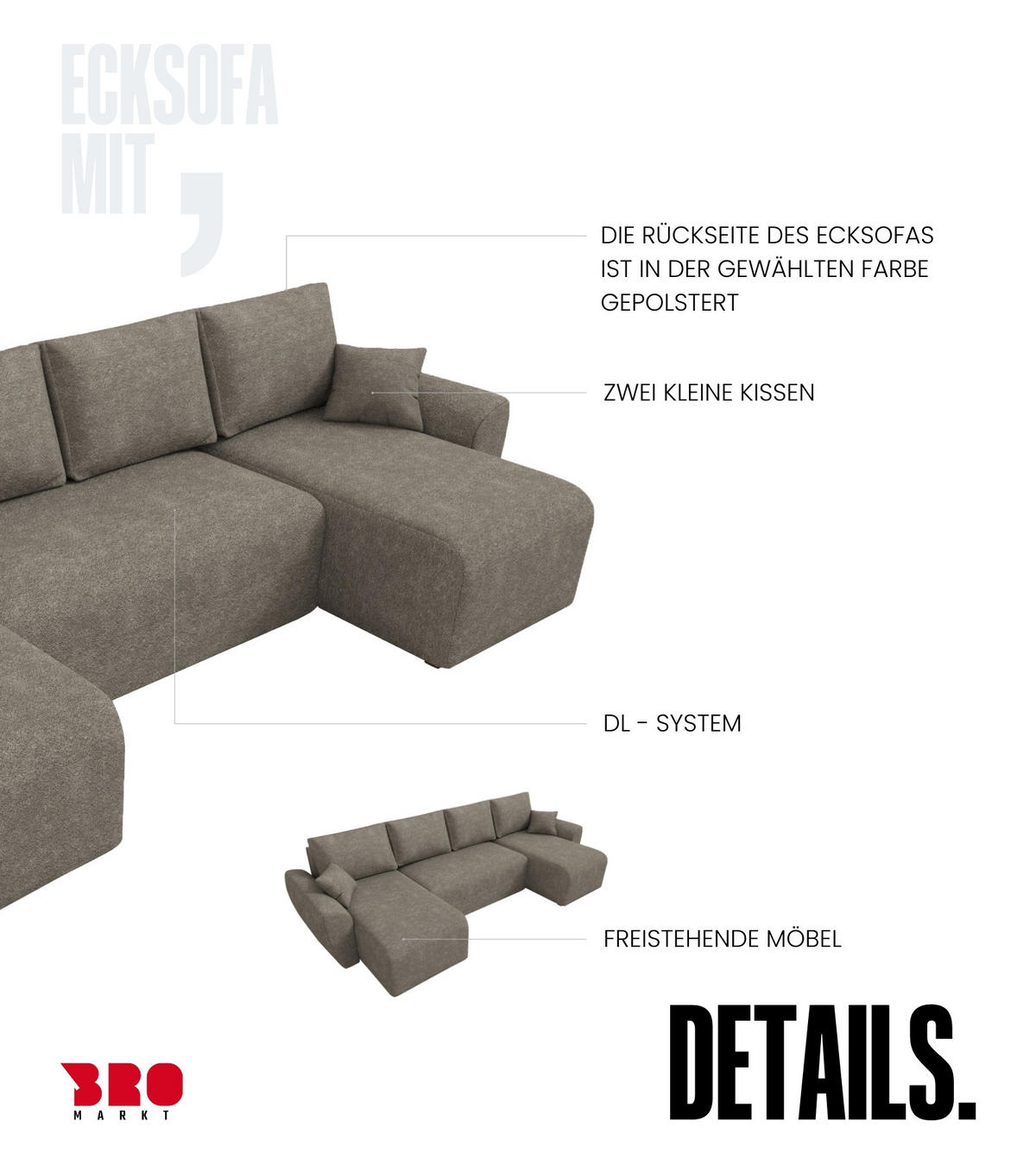 WOHLANDSCHAFT Rotterdam U mit Schlaffunktion Braun Bouclé - Sandfarben, Textil (310/80/141cm) - Bromarkt